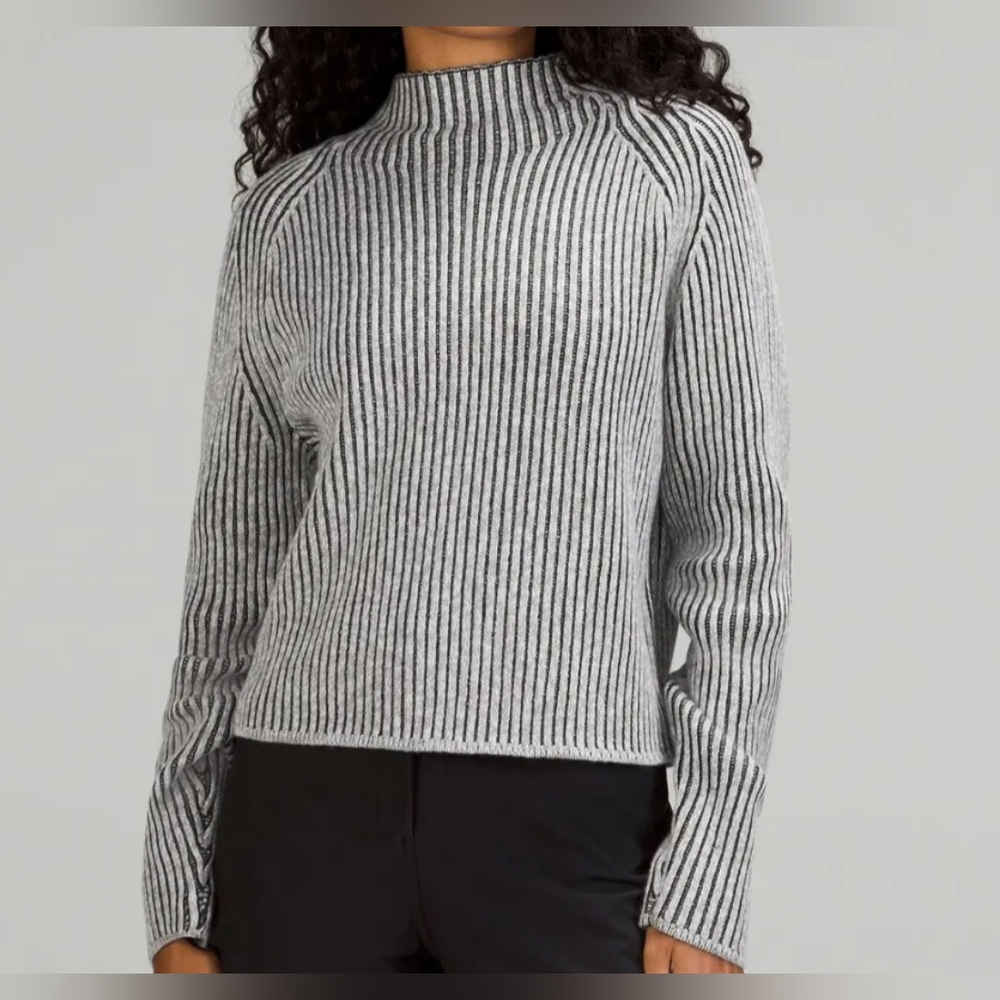 Lululemon Cotton Cashmere Mock Neck Sweater Thick Ribbed Knit Cozy Gray Sz 4
